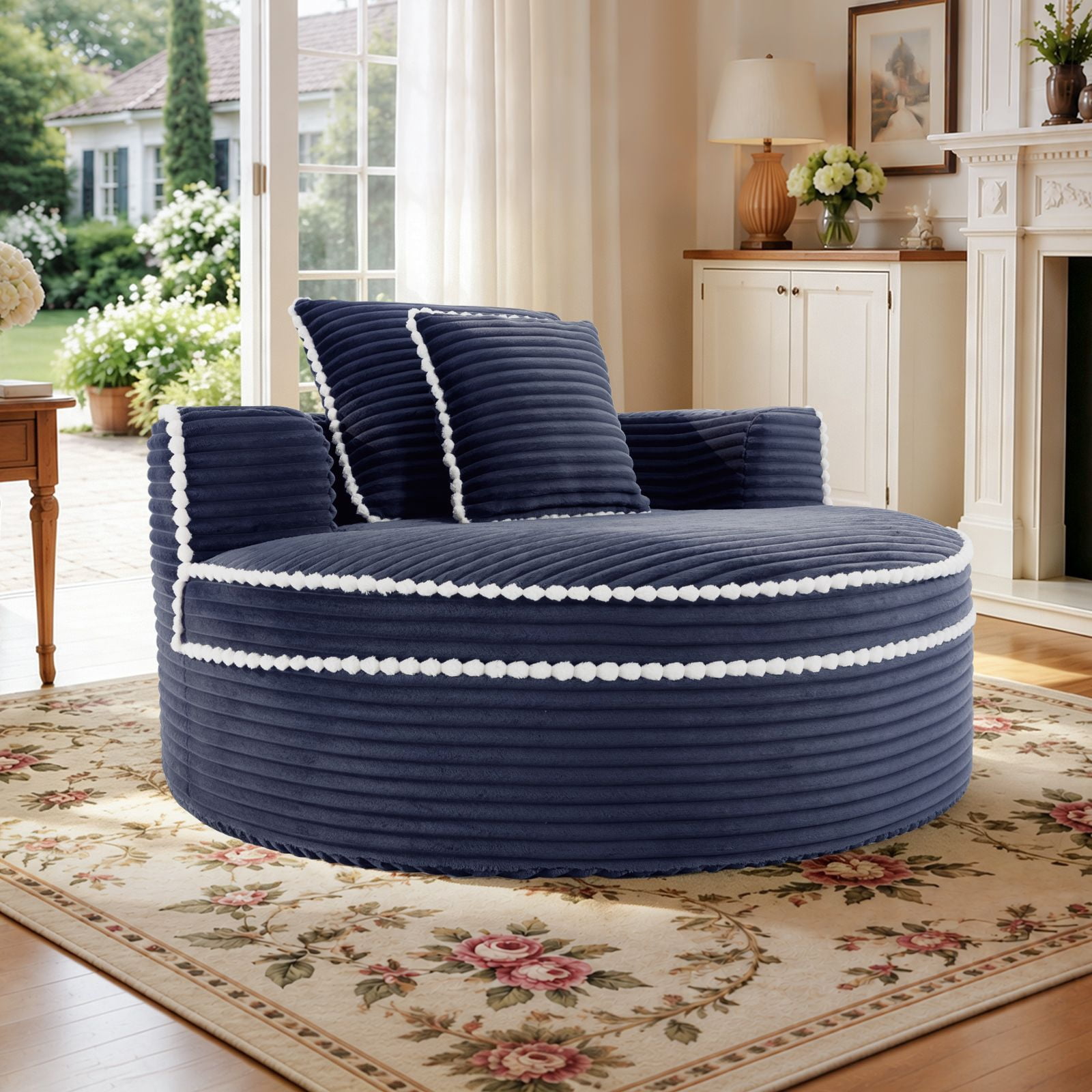 Lunale 54" Oversized Chaise Lounge Chair Indoor, Round Boneless Cloud Couch, No Assembly Required, Accent Reading Chair for Living Room, Blue Corduroy