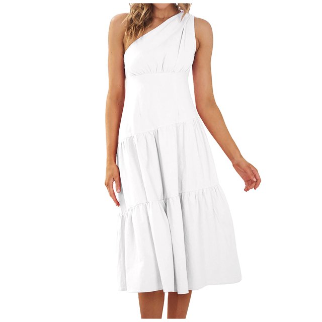 Birdeem Womens Summer Casual One Shoulder Sloping Shoulders Sleeveless Solid Color Ruffle Hem Flowy Pleated Long Dress