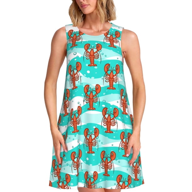Easygdp Lobsters Of Turquoise Waves para Vestido Transpirable de Mujer, Vestido Suelto de Manga Corta con Pliegues y Bolsillos para el Verano