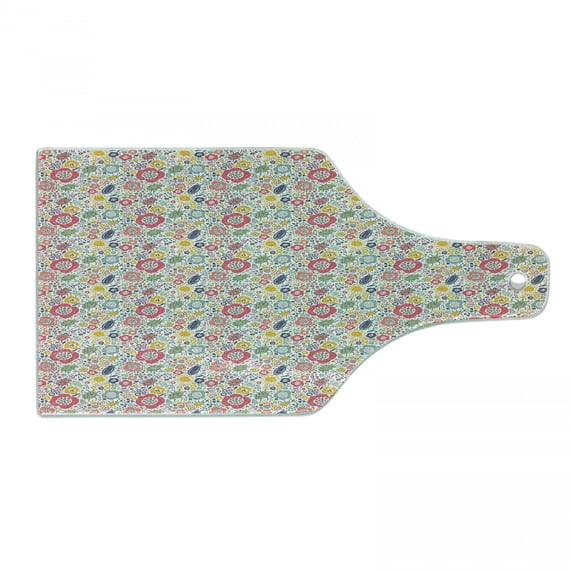 Colorful Cutting Board, Summer Nature Pattern with Doodle of Bugs Beetles Dots Flowers and Sun, Decorative Tempered Glass Cutting and Serving Board, Wine Bottle Shape, Multicolor, by Ambesonne