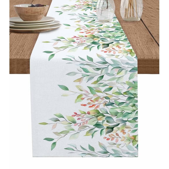 Ldtrchee Green Botanical Table Runner 60 Inches, Spring Floral Summer Eucalyptus Leaves Bed Runner Dresser Scarves Tabletop for Indoor Outdoor Parties/Ceremony/Banquet, 13" x 60"
