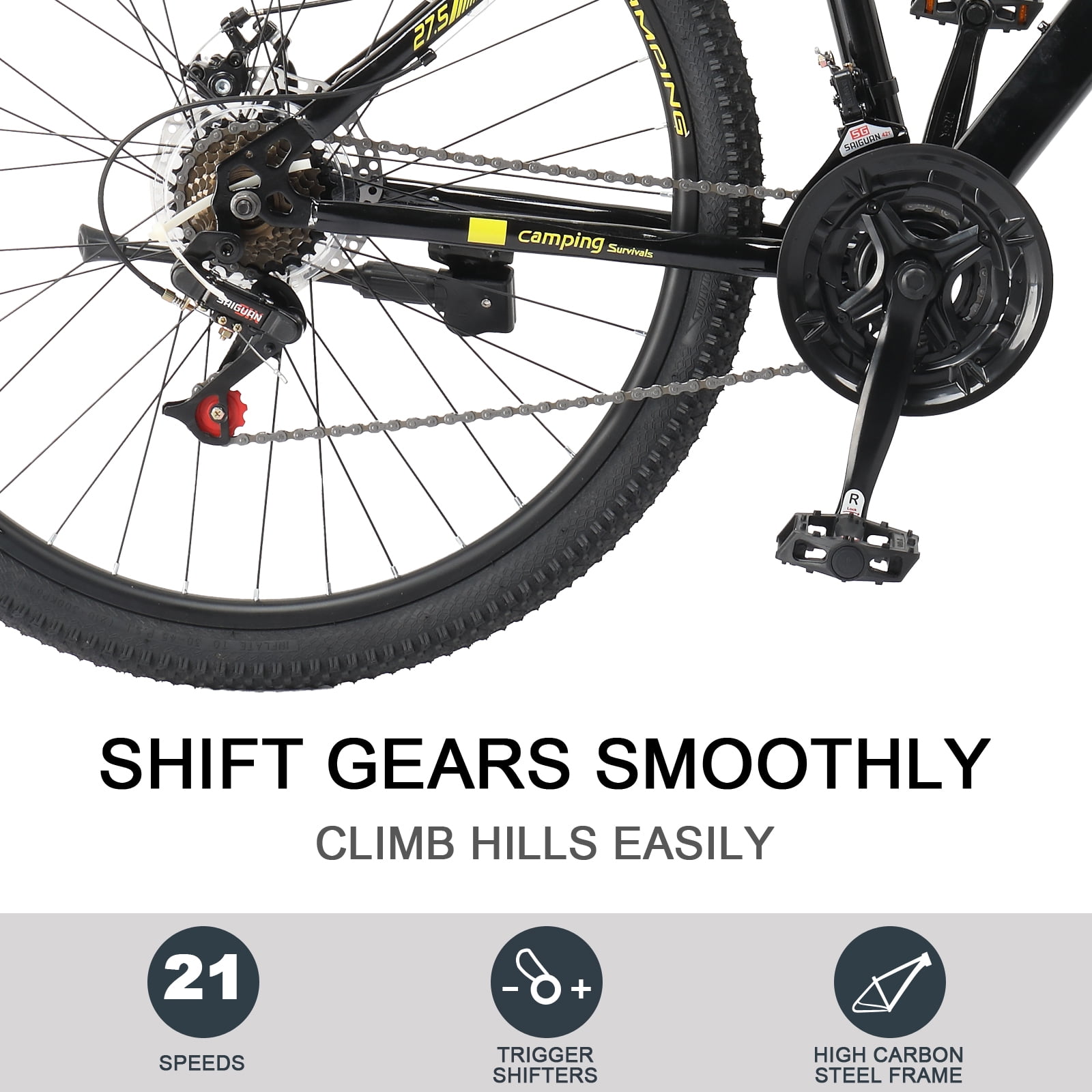 UBesGoo 27.5in Mountain Bike 21 Speed for Adult with Disc Brakes & Suspension, Black, Yellow