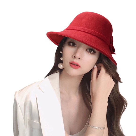 Women Cloche Felt Hat Winter Wool Bucket Hat Vintage Bowler Hat, Woolen Hat Bowknot Belt Handmade for Dress Up Wear Party British Casual Bowknot Belt Beach for Women Hats (Red)