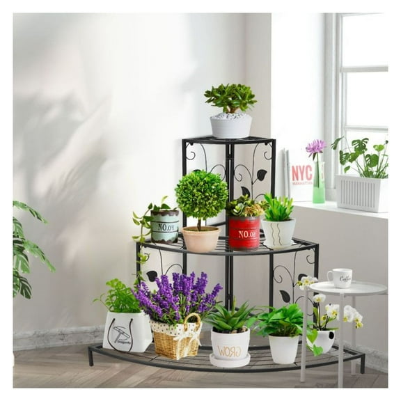 3 Tier Metal Plant Stand Corner Rack - Black Floral Design - Indoor Outdoor Plant Shelf - Heavy Duty Steel Corner Plant Display Stand for Potted Plants, Shoes, Decor - 42" H