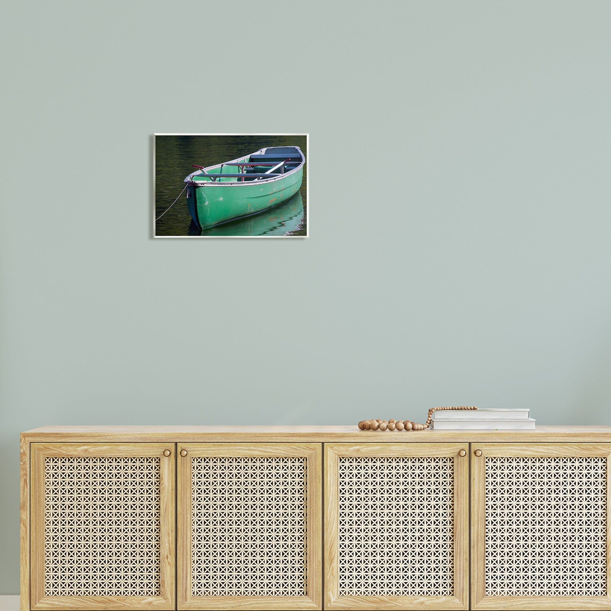Stupell Industries Green Rowboat Canoe Floating Lake Dock Photography Photograph Unframed Art Print Wall Art, Design by Daphne Polselli