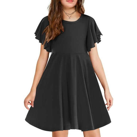 Oudiya Girls Butterfly Sleeve Summer Dress A-Line Casual Swing Twirl Skater Dress with 2 Pockets for Kids, 10-11Y