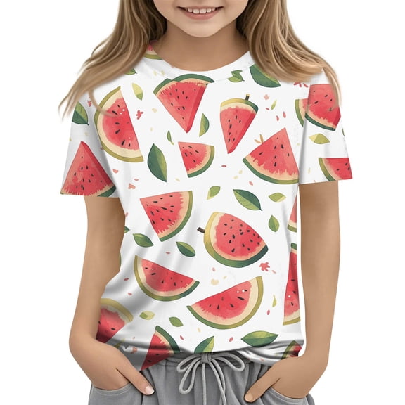 WTOBBY Children's Fruit Print Short Sleeve T-Shirt Top with Round Neck - Casual Toddler Shirt for Girls and Boys, Perfect for Playtime and School,Pink 130