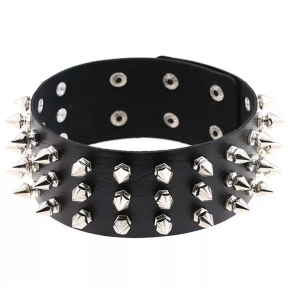 EOEMY Gothic Punk Black Pu Leather Spiked Rivet O-Ring Collar Stud Choker Necklace-Triple-Row Rivet 42Cm