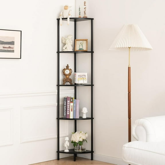Corner Shelf Stand, 5-Tier Bookshelf, 65" Tall Shelves for Bedroom, Living Room, Narrow Display Bookcase, Black with Display Shelves for Office