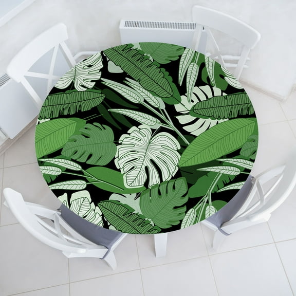 Ambesonne Nature Wonders Fitted Round Tablecloth, Tropical Festival, 36"- 40" Diameter, Pale Sage Green and Green