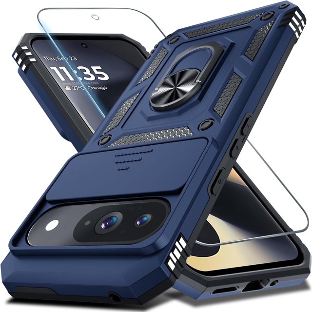 KOMI Case Compatible with Google Pixel 9/9 Pro Built in Slide Camera Lens Cover+Screen Protector+Finger Ring Holder Kickstand,Heavy Duty Shockproof Full Body Protective Phone Cover, Blue