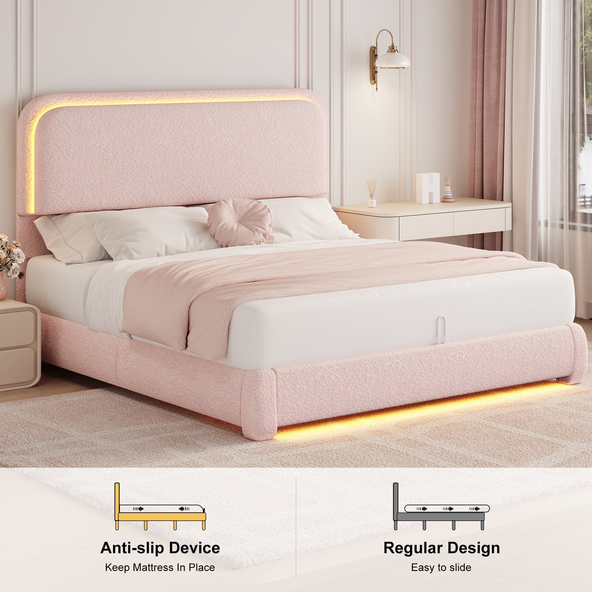 SIBEDS Queen LED Bed Frame, Teddy Fleece Upholstered Platform Bedframe, No Box Spring Needed, Pink