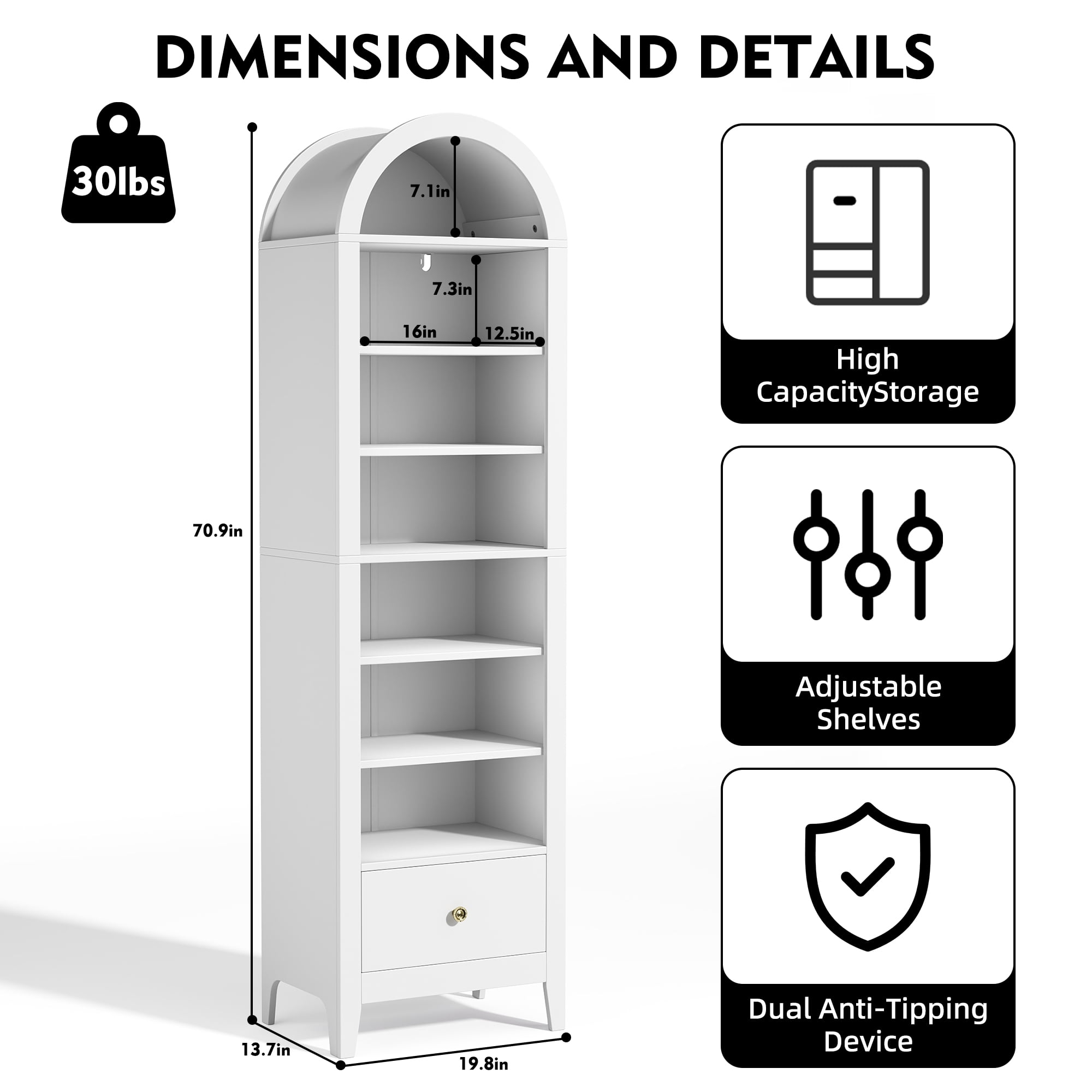 NEYGLIM 71" Tall Arched Storage Cabinet, 8-Tier Adjustable Shelves, Freestanding Pantry Cabinet for Kitchen Bathroom, White
