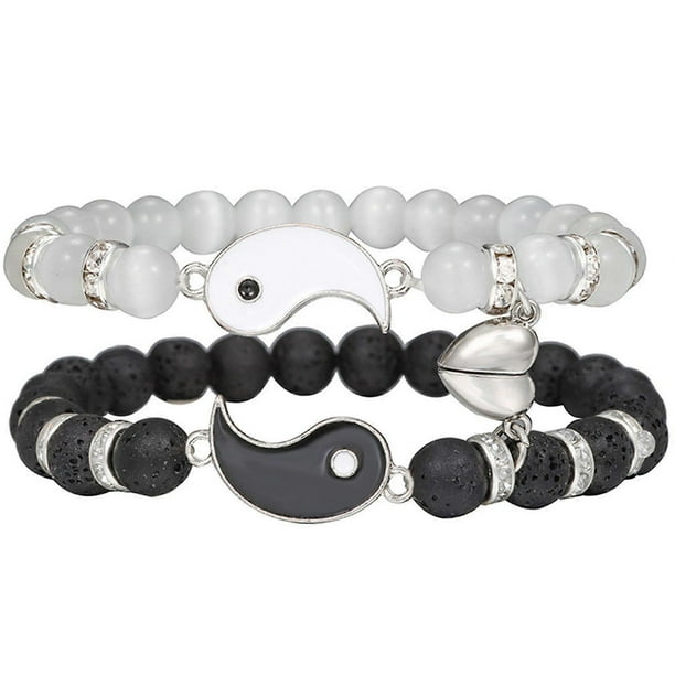 2pcs Magnetic Couple Bracelet Set, Matching Hearts Yin Yang Bracelet, Beaded Bracelet for Men & Women, Friendship, Valentine's Day Gift