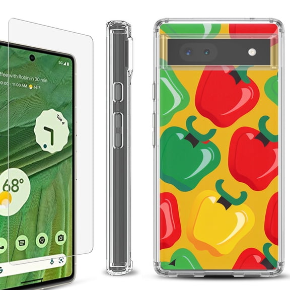 Shockproof Bumper Phone Case for Google Pixel 6a, with Tempered Glass Screen Protector, by OneToughShield ® - Bell Pepper