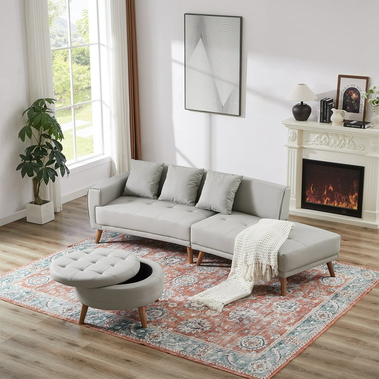 107 Modern Large Couches Contemporary Sofa Couch with Round Storage Ottoman Footrest and Three Removable Pillows Sofa Set for Living Room Grey