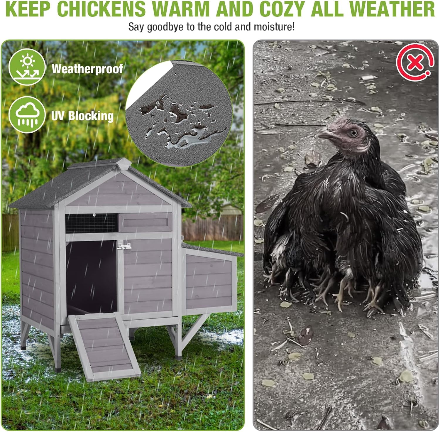 Outdoor Chicken Coop with Nesting Box, Weatherproof Hen House with Leakproof Pull-Out Tray, Oenable Roof, Poultry Coops for Chickens, Duck & Quail
