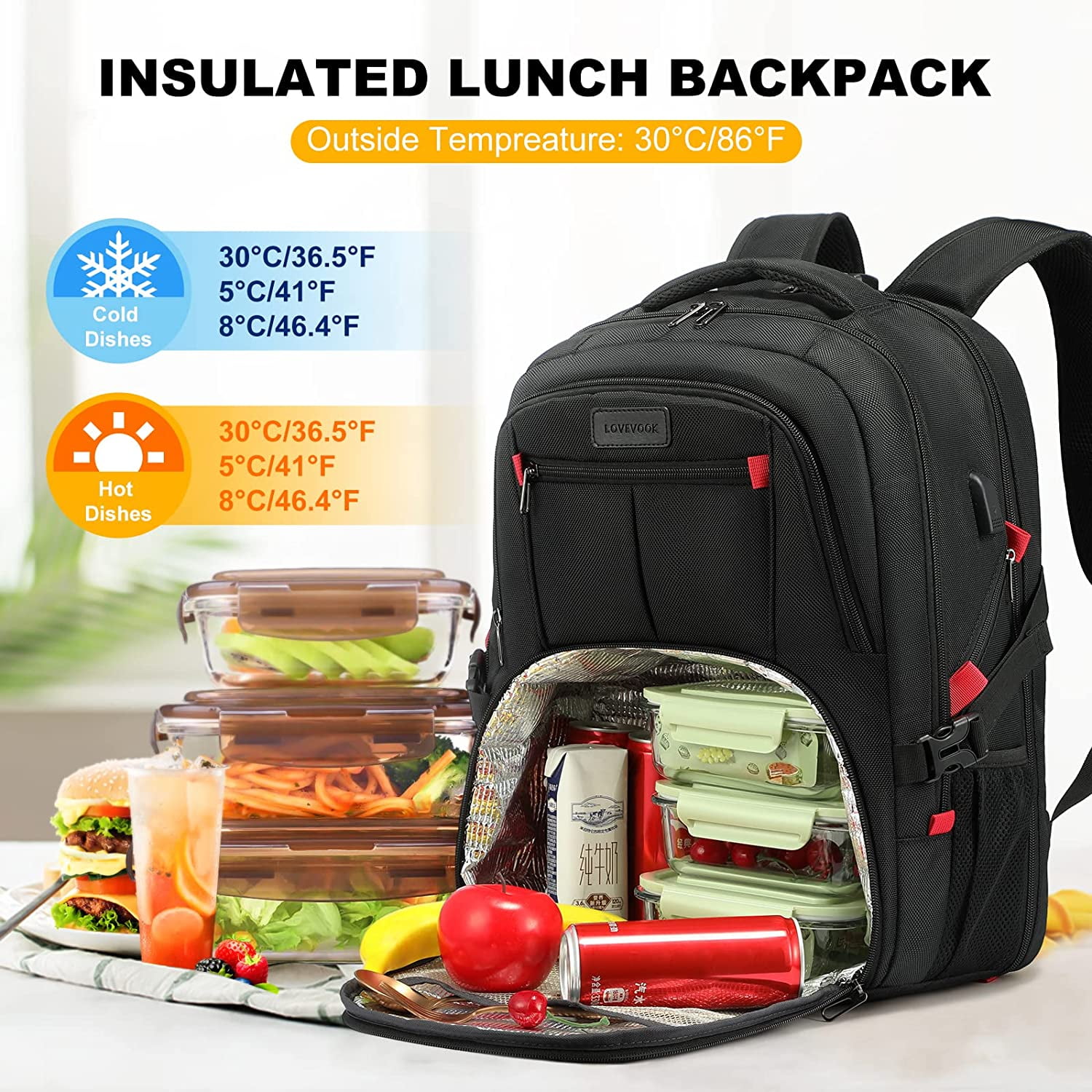 Lovevook Lunch Backpack for Men, Insulated Cooler Lunch Box Backpack Picnic, Travel Backpack Fit 17 Inch Laptop with Lock & USB-Black