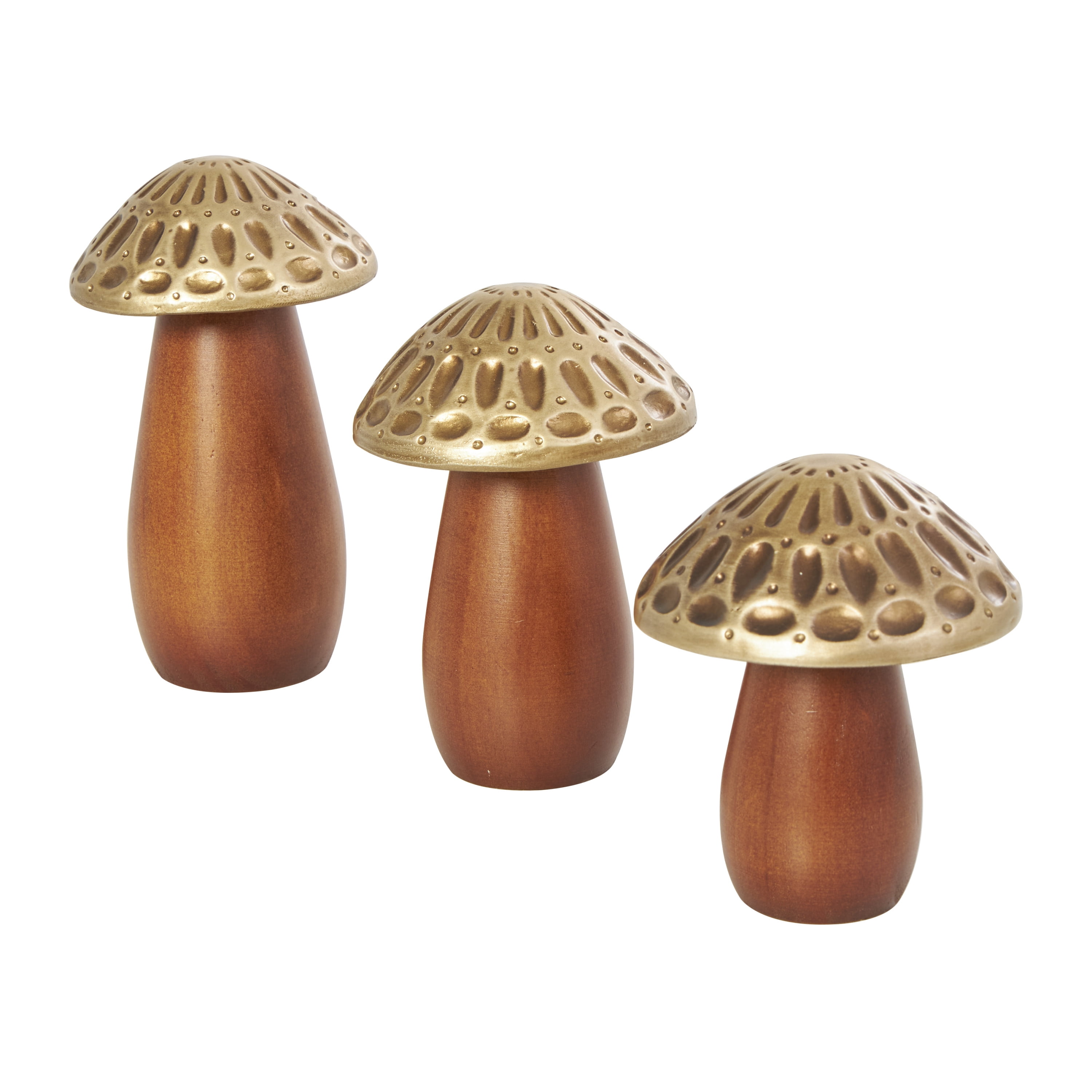 7", 6", 5"H Brown Wood Mushroom Sculpture with Gold Tops and Groove Patterns, by DecMode (3 Count)