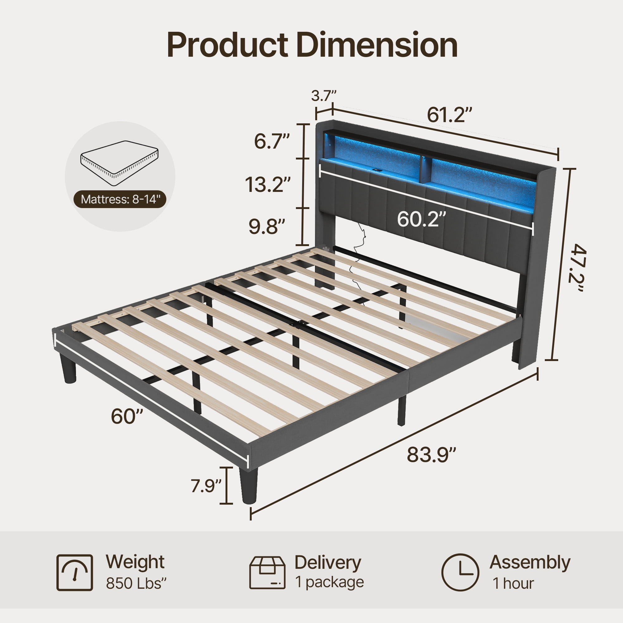 Upholstered Queen Size Platform Bed Frame with LED Lights, Charging Station & 2-Tier Storage Headboard, Wooden Slats Support No Box Spring Required Quiet Design Dark Grey