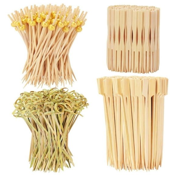 500Pcs Cocktail Picks Kit, 4 Styles of Fancy Toothpicks for Appetizers, 3 Long Sizes of Bamboo Skewers, Wooden Decorative Cocktail Sticks for Party Supplies, Food