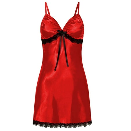 GZWYHT Silk Pajamas Clearance Nightgowns for Women Womens Nighte Dress Plus Size Lace Bow Lingerie Babydoll Nightwear Sleepskirt Lingerie for Women Babydoll Lingerie  Red L