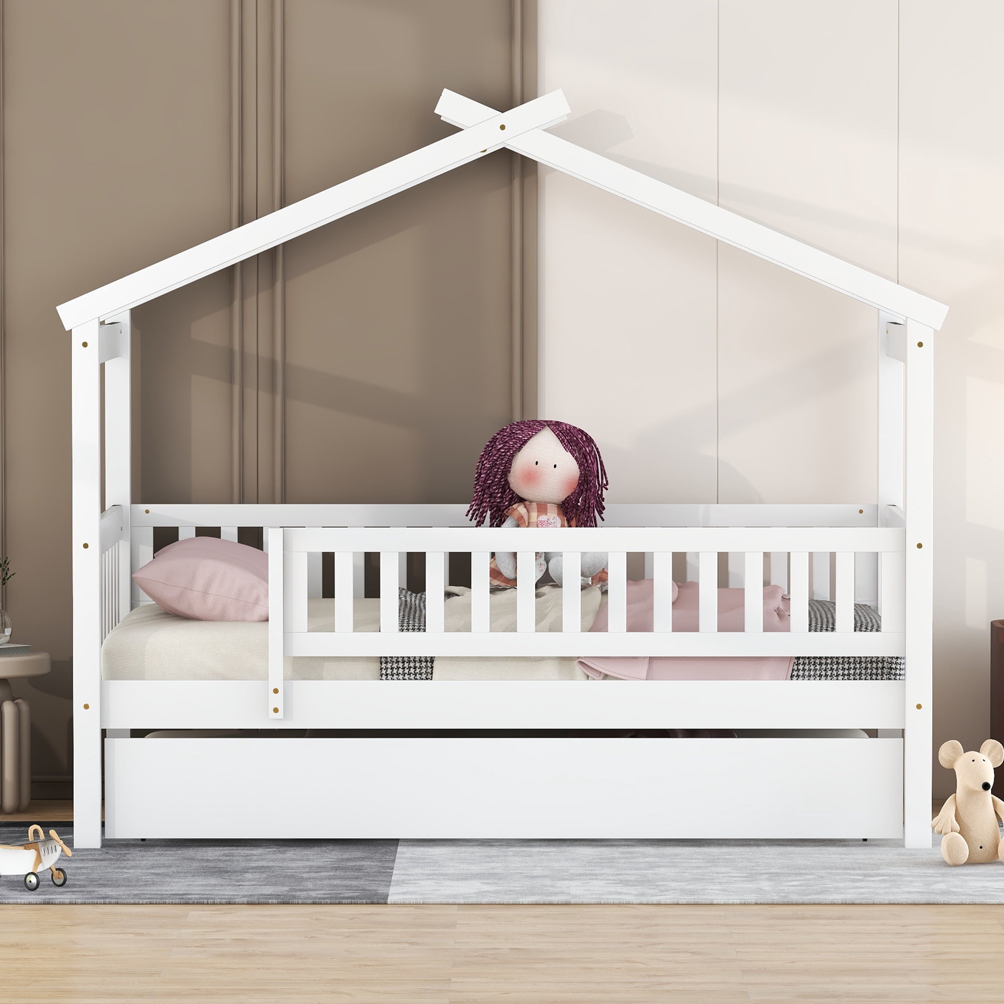 Euroco Twin Size House Bed with Trundle, Canopy Low Profile Bed for Kids, White