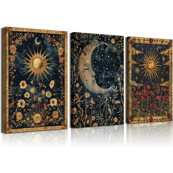 3pcs Sun and Moon Celestial Canvas Wall Art Tarot Crescent Moon Picture Wall Decor Gothic Wildflowers Painting Posters Print Artwork Aesthetic Dark Academia Vibe for Bedroom Home