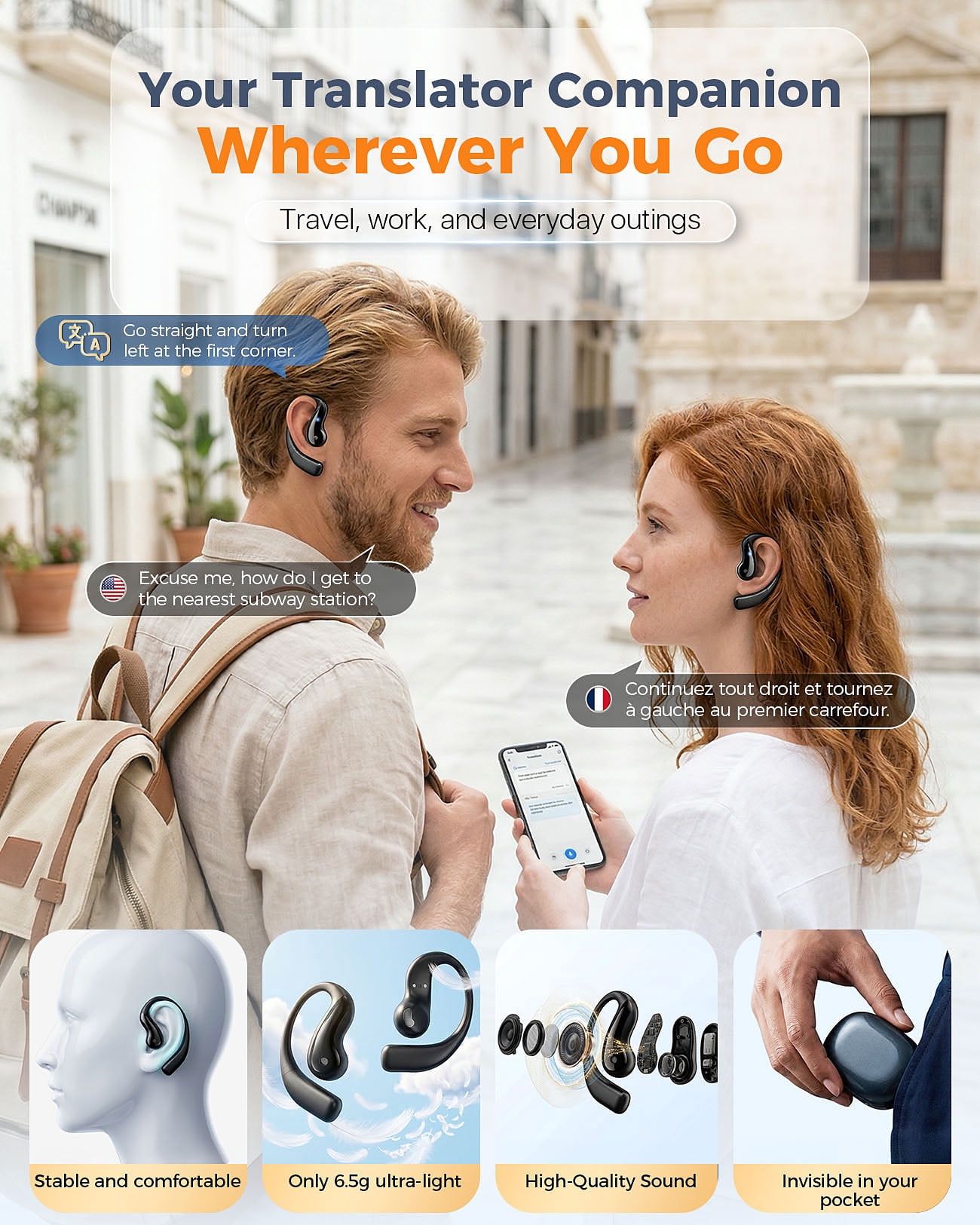 AI Translation Earbuds, Language Translator Earbuds with 77 Languages & 62 Accents, Open-Ear Bluetooth Headphones, 60H Battery, No Subscription for Travel Work Learning, Fathers Day Gifts for Dad