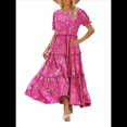 thumbnail image 2 of Vestidos Florales Bohemios Informales de Verano para Mujer, Vestido Maxi de Corta Abullonada con Bolsillos. Rojo M, 2 of 7