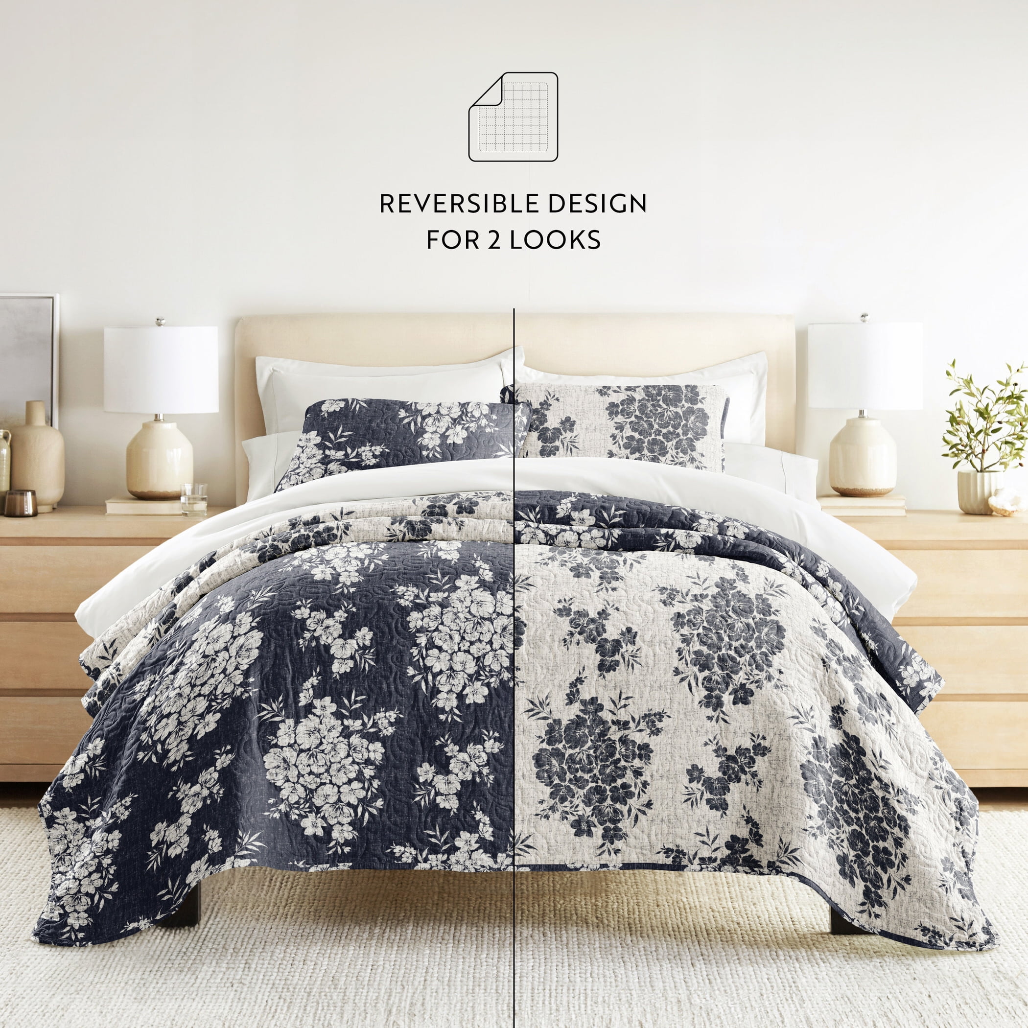 Noble Linens 3-Piece Navy Distressed Bouquet Reversible Quilt Set, King
