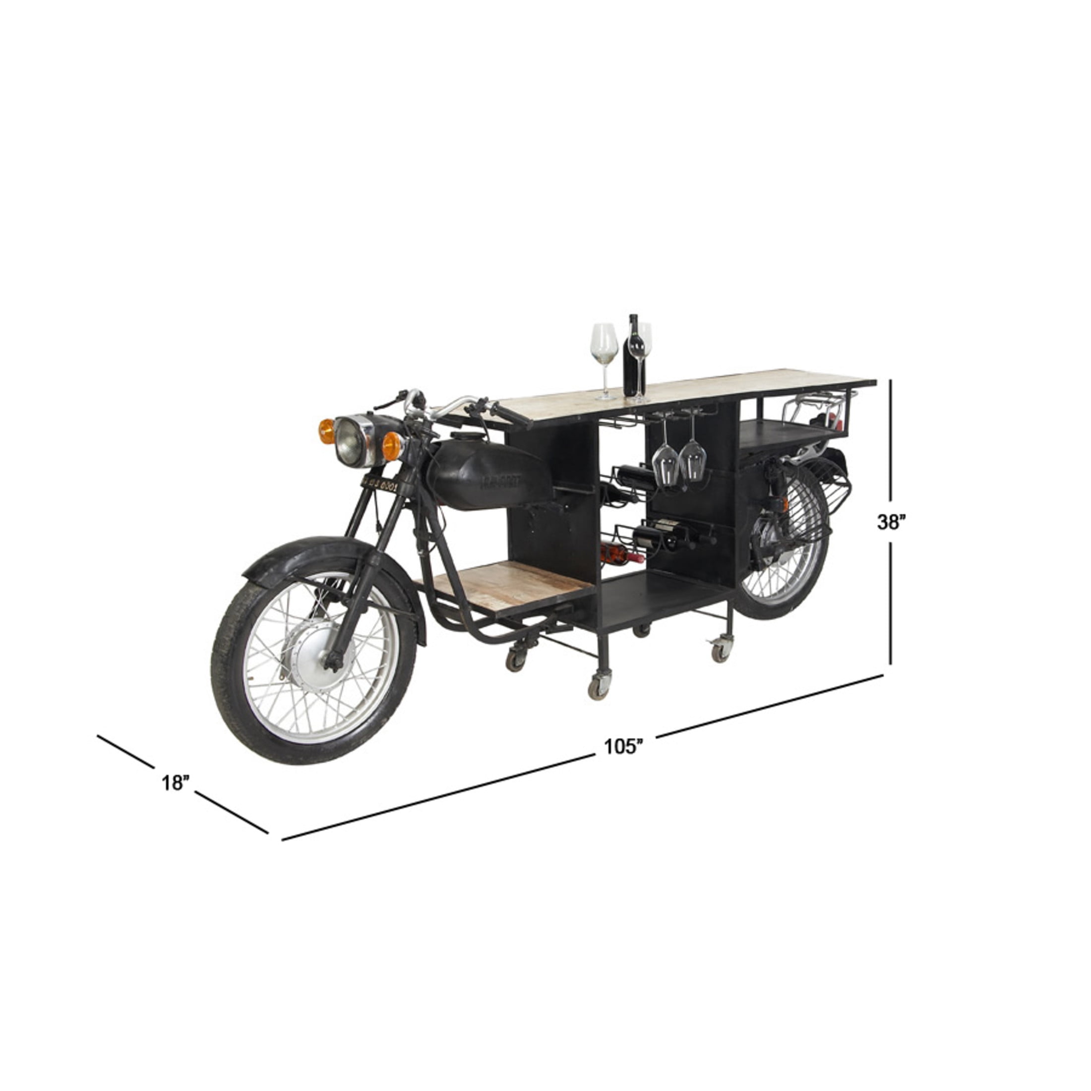 DecMode Rustic Black Metal Racer Style Motorcycle Bar, 105"W x 38"H