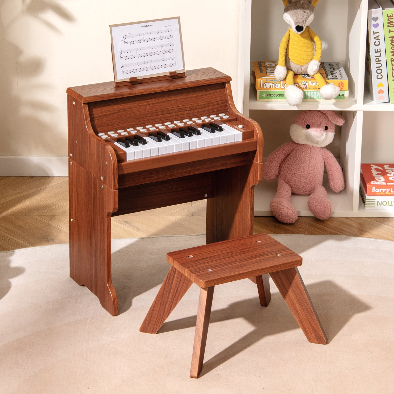 Patiojoy 25 Lighted Keys Kids Piano Keyboard with Stool Mini Digital Piano Wooden Toy Brown