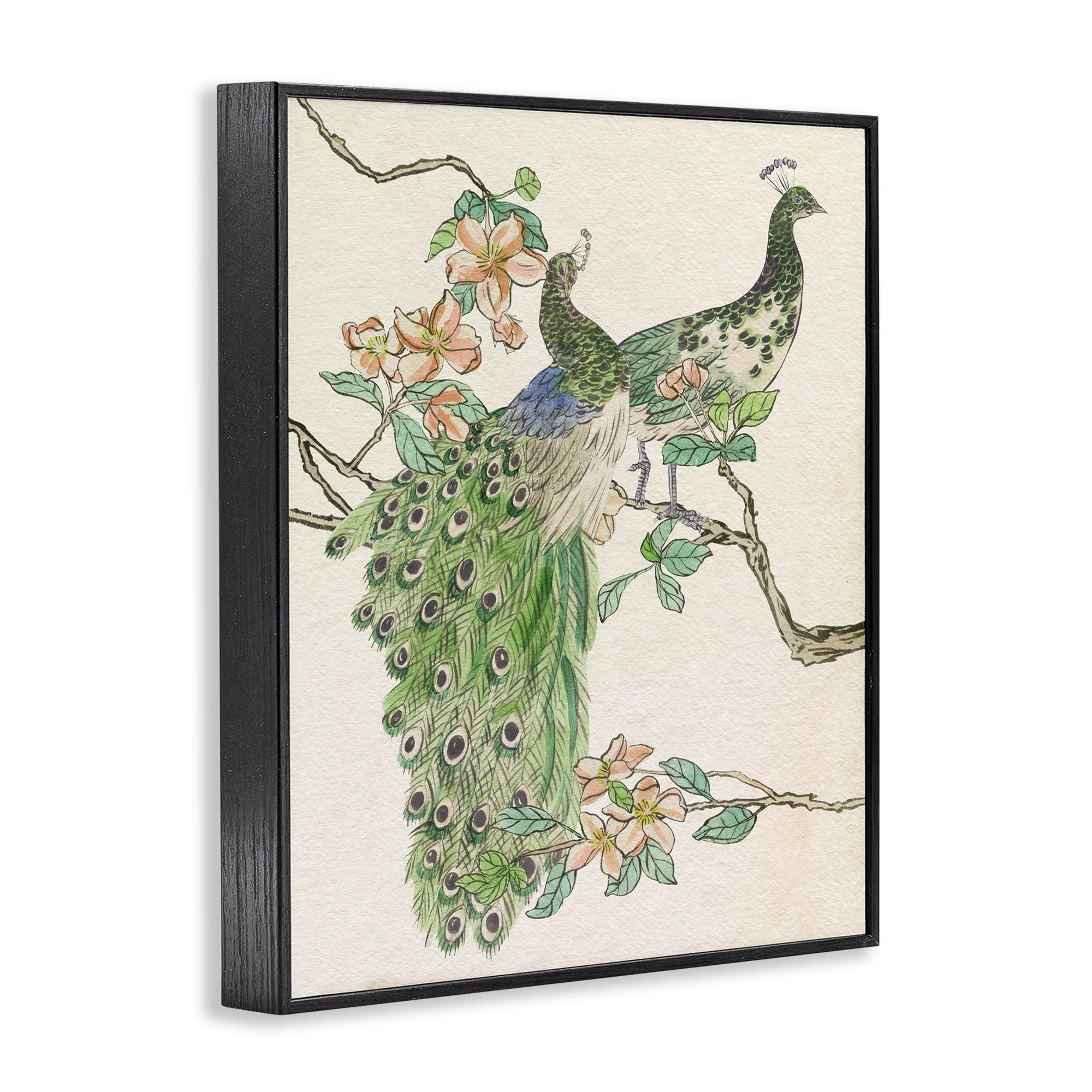 Stupell Industries Peacock Pair on Branch Animals & Insects Painting Black Framed Art Print Wall Art, 24 x 30