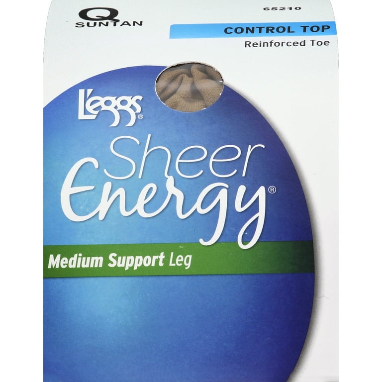 L'eggs Sheer Energy Control Top Pantyhose, Suntan, Size Q, Reinforced Toe,  Medium Support Leg