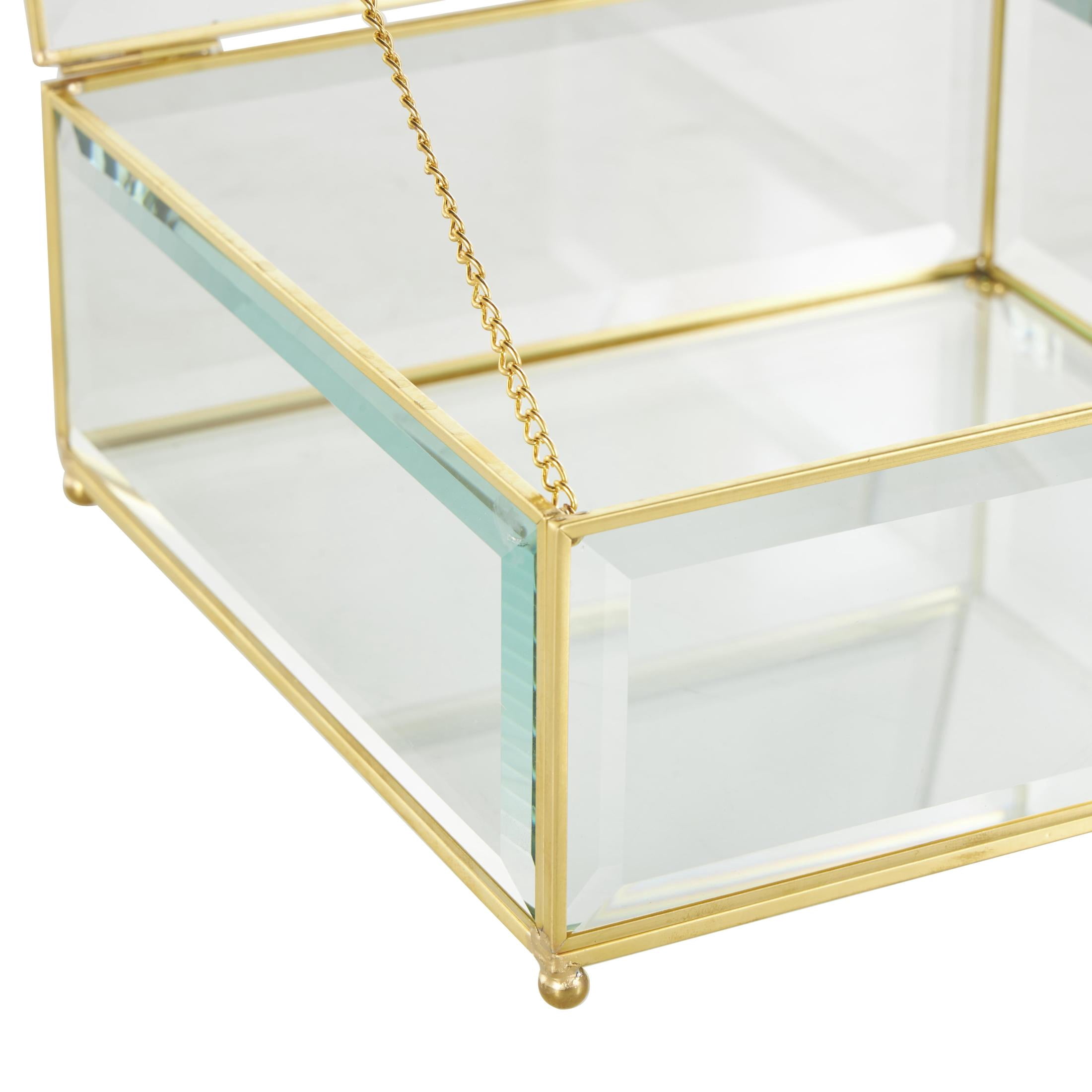 DecMode Beveled Clear Glass Decorative Jewelry Box with Gold Metal Frame and Chain Accent, Set of 2