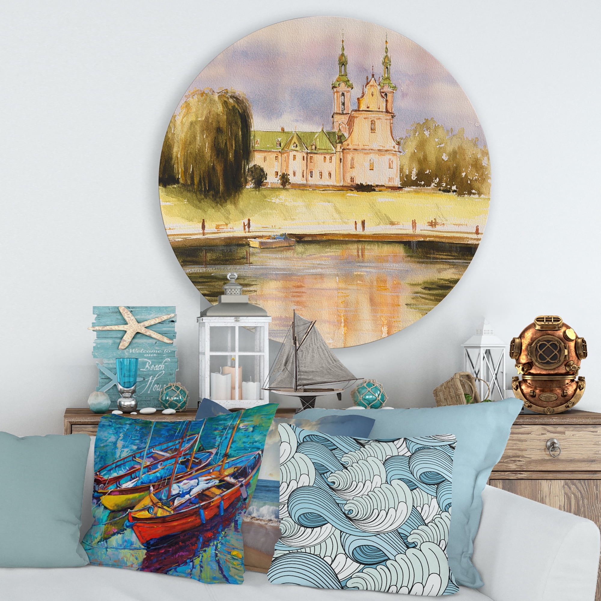 Designart 'Historical Church On The Rock On Banks of The River' Lake House Circle Metal Wall Art 29x29 - Disc of 29
