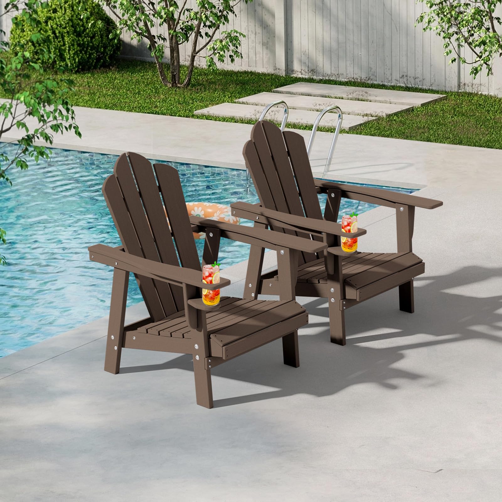 Tappio HDPE Adirondack Chair Set of 2, Patio Seat All Weather Outdoor Patio Chair with Cup Holder for Lawn Yard Fire Pit, Brown
