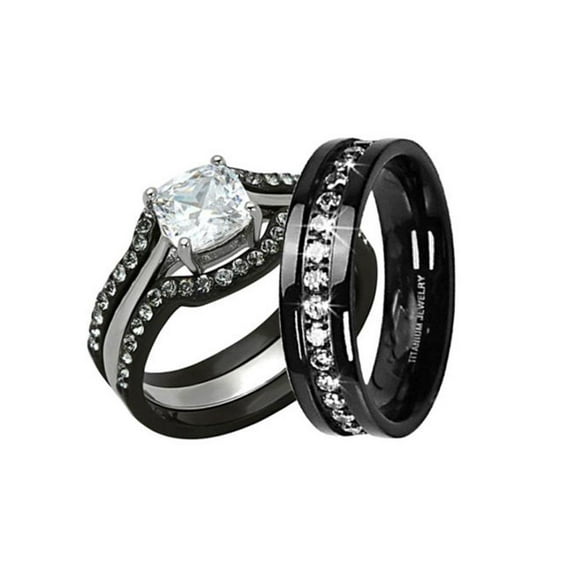 His and Hers 4pc Black Stainless Steel and Titanium Wedding Engagement Ring Band Set Size Women's 10 Men's 10