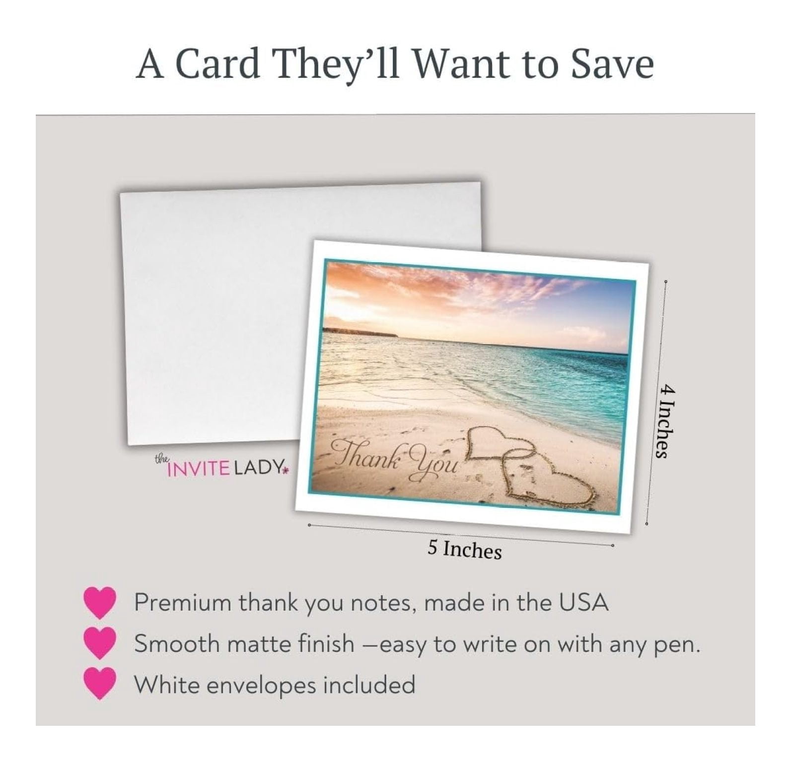 Beach Themed Thank You Cards Wedding Bridal Shower Notes With Envelopes (24 count)