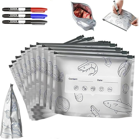 Reusable Aluminum Foil Sealable Storage Bags with 3pcs pens,10/20/30PCS Thicken Stand Up Resealable Vacuum Pouches with Label and Zip Lock for Vegetable Fruit Meat