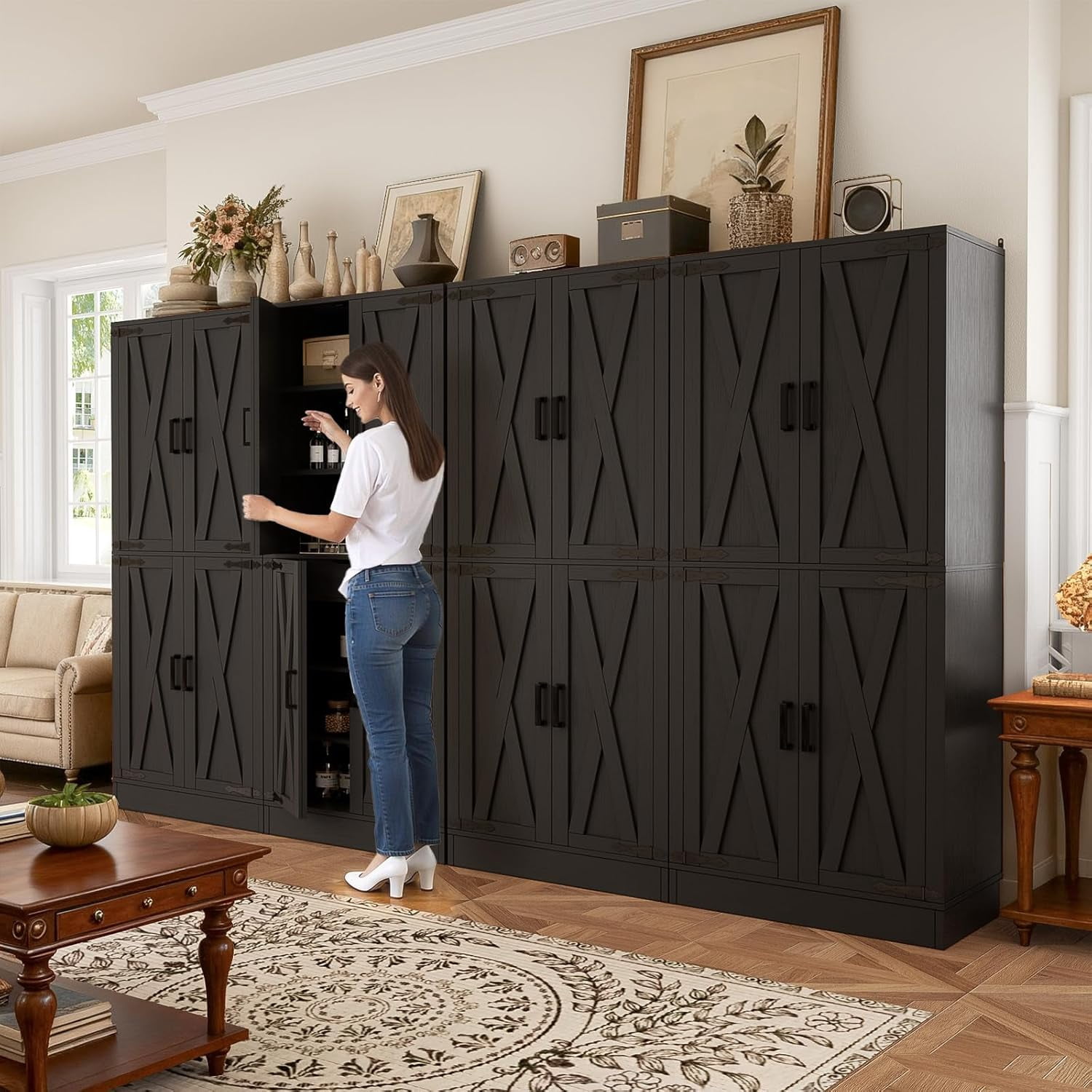 Homieasy 71'' Tall Farmhouse Pantry Cabinet 2 Piece Set, 6-Tier Pantry with Doors, Drawers & Adjustable Shelves, Black
