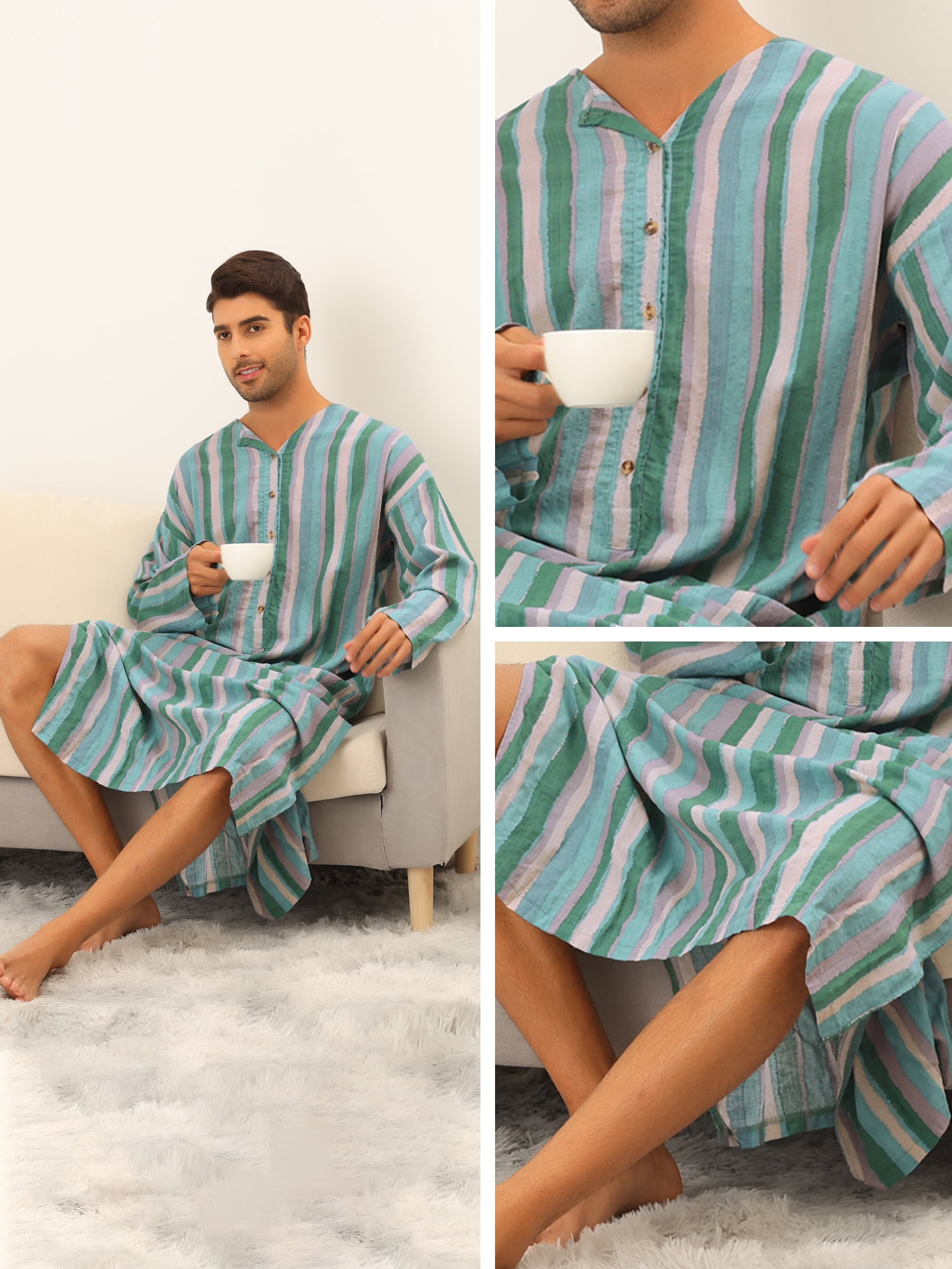 Unique Bargains Men's Striped Nightshirt Long Sleeves Button Nightgown Henley Shirts XL Green