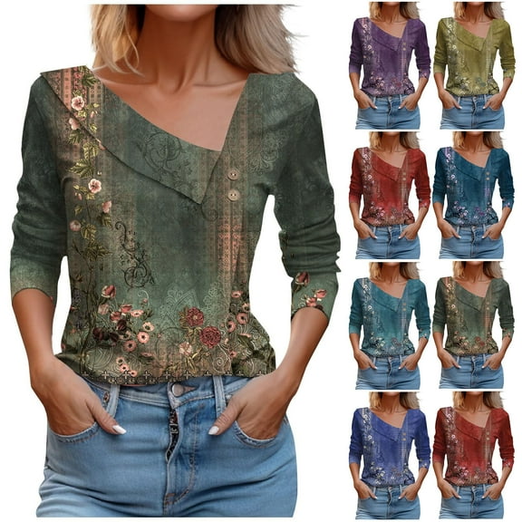 Lovskoo Long Sleeve Shirts for Women Spring Fall V-Neck Trendy Casual Printed Button-Up Blouse T-Shirt Tops Blouse Olive Green M