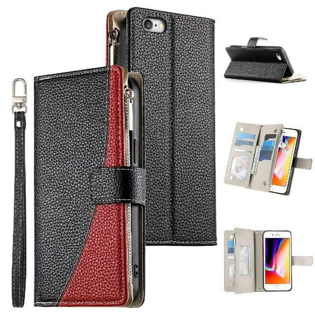 Funda cartera GANGXUN para iPhone SE 2020/2022 , cuero PU con tarjetero, cremallera, correa de mano, soporte y protección 397°