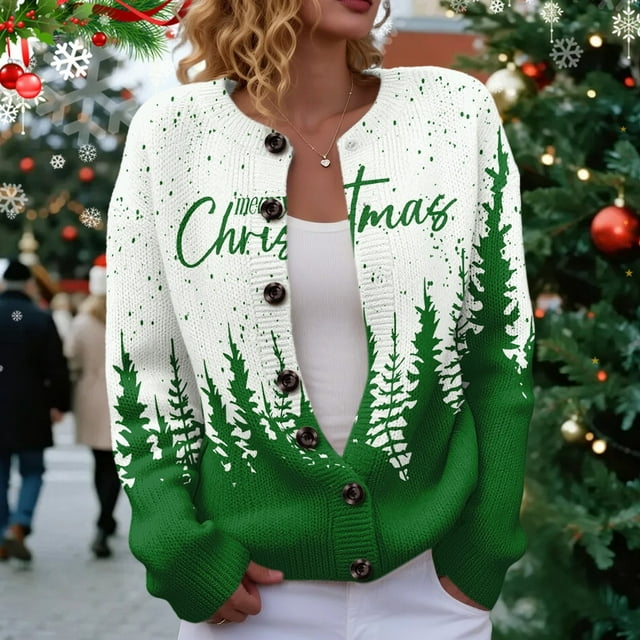 Chandails d'Hiver Grande Taille pour Femmes Mode Décontractée Imprimé de Noël Cardigan Veste Vert G