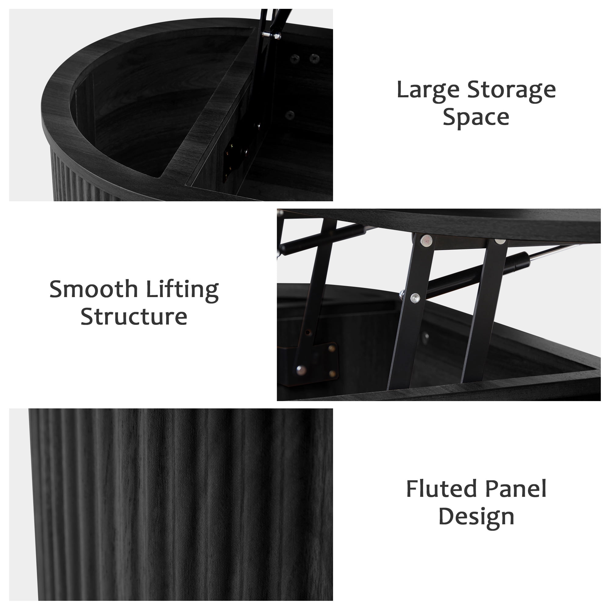 Wirrytor Lift Top Coffee Table with Storage and Open Storage Shelf, Oval Coffee Table  for Living Room, Elliptical Arc Design,Waveform Panel, Fluted Center Table,Black