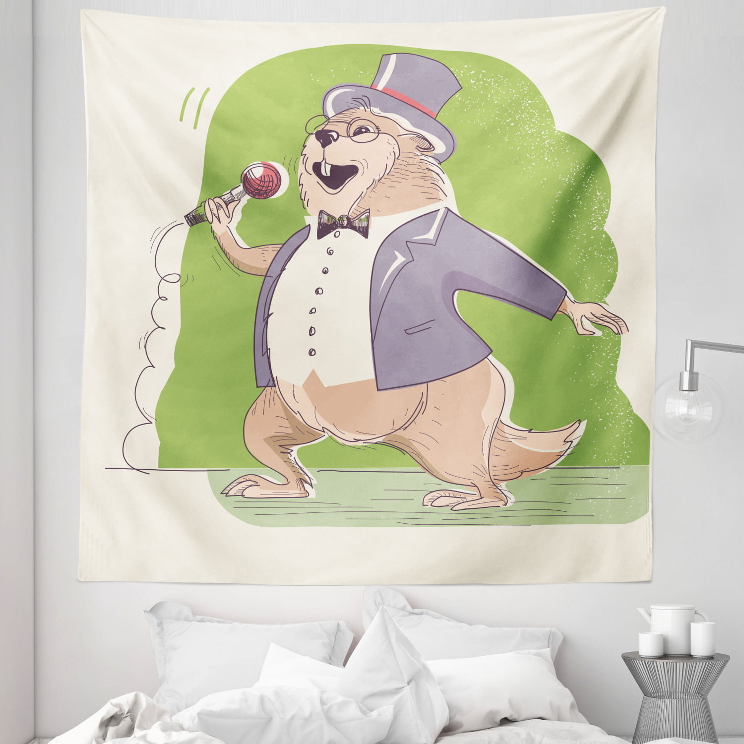 Groundhog Day Tapestry, Marmot Singer and Microphone Funny Design Cartoon,  Fabric Wall Hanging Decor for Bedroom Living Room Dorm, 5 Sizes, Lime Green  Mauve and Ecru, by Ambesonne 