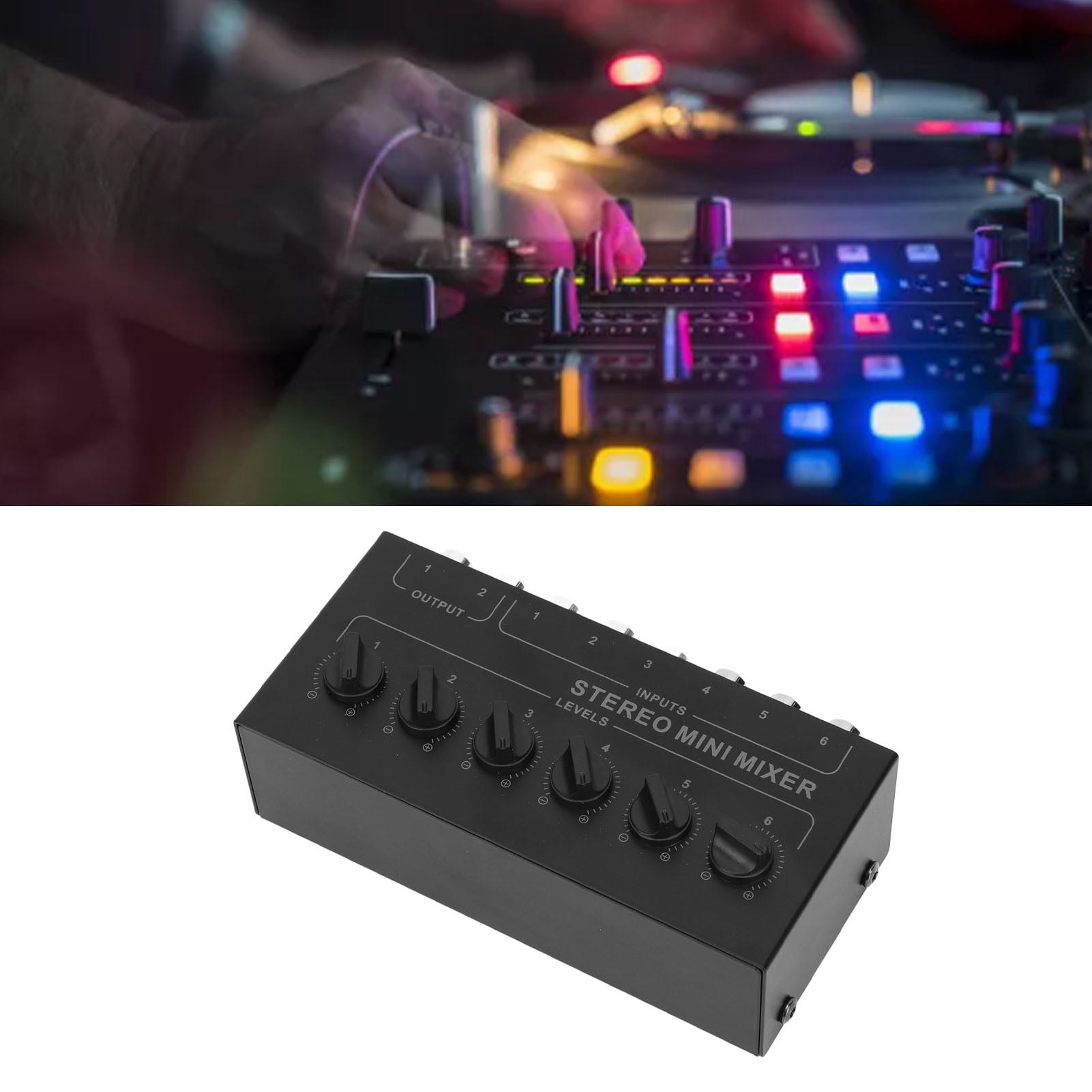 NFTIGB Mini Stereo Mixer 6 Channel Independent Volume Control Portable Passive Audio Mixer for PC CD Laptop Desktop Studio Recording, Ultra-Compact Low Noise Mixing Console Hub, Black