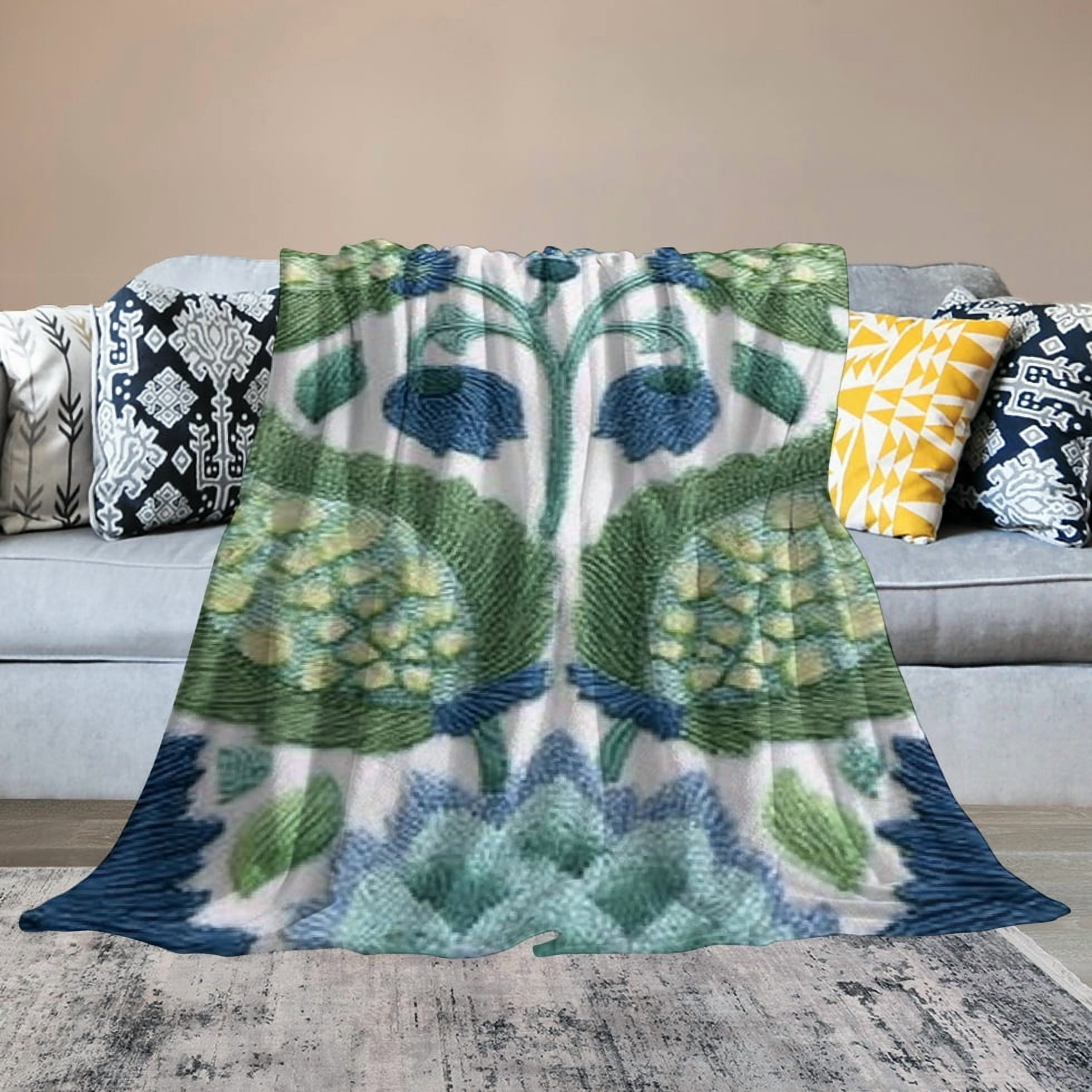 Creowell Lightweight Flannel Blanket Blue Green Leaves Design All-Season 60*80in